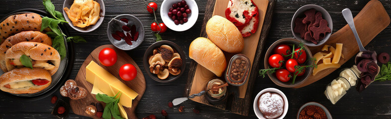 Table scene with a selection of delicious foods. Top view over a dark wood banner background, generate ai
