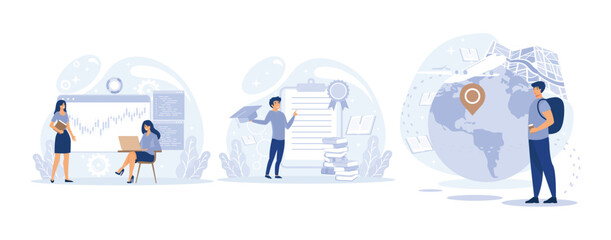 Internal and vocational education, educational tourism concept, Business coach, student group, education abroad. set flat vector modern illustration 