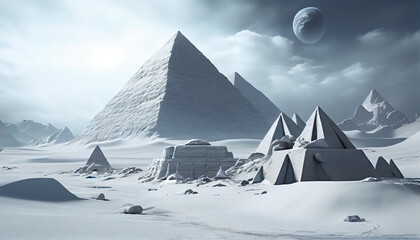 Wall Mural - Pyramids At Giza In A Glacial Antarctica Ice Cold in Winter Landscape Background AI Generative