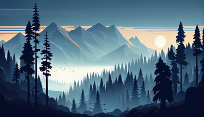 Wall Mural - Picture of Mist Pine Trees and Mountains Landscape Background on Canvas Oil Painting AI Generative