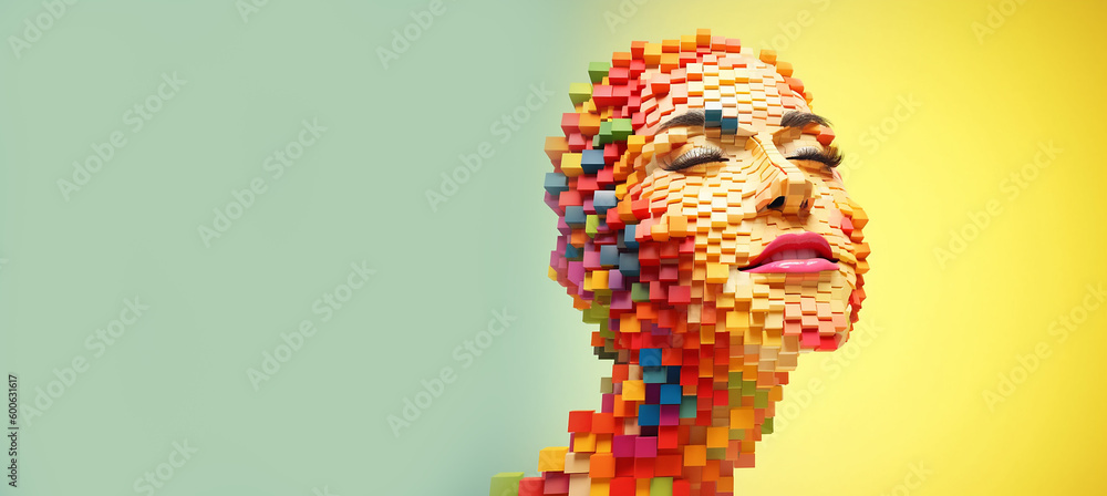 Isolated colorful female face made up of tiny 3D cubes, abstract, fun ...