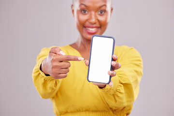 Aufkleber - Phone screen, pointing and portrait of woman isolated on studio background, mobile app and advertising mockup. African person or online user on cellphone mock up, website space or social media design