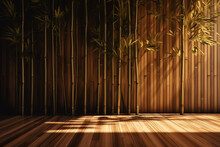 Soft And Beautiful Foliage Dappled Sunlight Of Tropical Bamboo Tree Leaf Shadow On Brown Wooden Panel Wall With Wood For Interior Design Decoration Background With Generative AI Technology