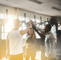 Celebration, high five and teamwork of people in gym for fitness, team building or solidarity. Collaboration, group of happy friends and celebrate workout targets, goal or support with lens flare.