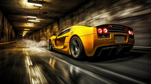 Yellow Hypercar Moves At High Speed In A Tunnel Generative AI
