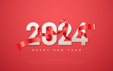 Canvas Print - Happy New Year 2024, with white numbers wrapped around red ribbons. Bright Red Background Elegant. Premium vector design for greetings and celebration of Happy New Year 2024.