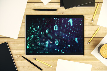 Wall Mural - Creative abstract binary code sketch on modern digital tablet screen, hacking and matrix concept. Top view. 3D Rendering