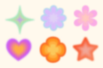 Wall Mural - y2k gradient blurred elements. abstract shapes and retro stickers with aura. flower, heart and star 