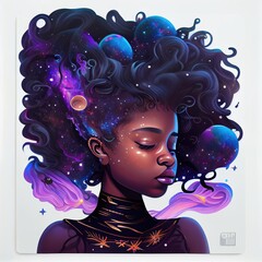 Wall Mural - A cute African American teenage goddess with beautiful afrocentric hairstyle made from celestial bodies fade into the universe. Generative AI AIG16.