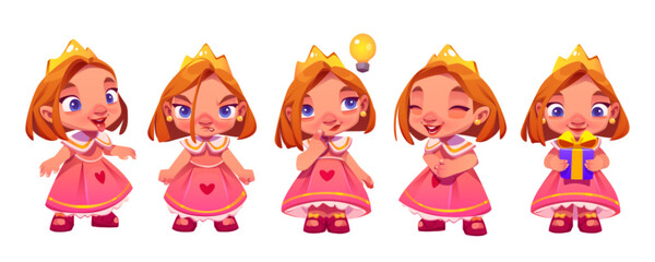 Wall Mural - Cute princess character with expression, emotions isolated cartoon vector. Little funny girl in crown angry, think or have idea with light bulb, hold gift box and laugh, show tongue set of comic icons