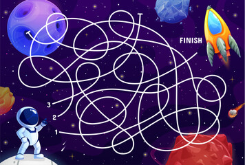 cartoon space labyrinth maze. galaxy planets and spaceship game puzzle quiz vector worksheet with fa