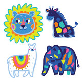 Fototapeta  - Set of cute funny cartoon animal characters lion, giraffe, llama and elephant. Scandinavian style, flat design.