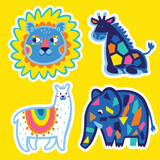 Fototapeta  - Sticker set of cute funny cartoon animal characters lion, giraffe, llama and elephant. Scandinavian style, flat design.