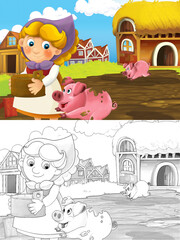 Wall Mural - cartoon scene with happy woman working on the farm - standing and smiling illustration for children