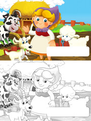 Wall Mural - cartoon scene with happy woman working on the farm with frame for text - standing and smiling illustration for children