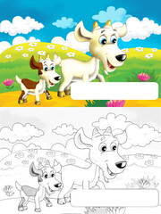 Wall Mural - Cartoon farm scene with animal goat having fun with space for text - illustration for children