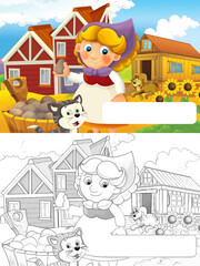 Wall Mural - cartoon scene with happy woman working on the farm with frame for text - standing and smiling illustration for children