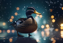 Bokeh Portrait Of A Duck In The Blurred Background Lights. Generative AI.