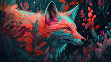  A Painting Of A Red Fox In A Field Of Flowers.  Generative Ai
