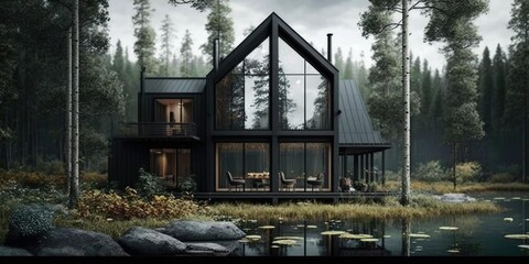 Wall Mural - Luxurious scandinavian nordic home in the forest in evening scene. superlative generative AI image.