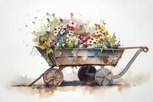  A Painting Of A Wheelbarrow With Flowers In It.  Generative Ai