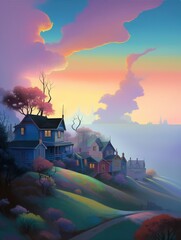 Wall Mural -  a painting of a house on a hill with a sunset in the background.  generative ai