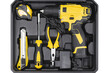 © Roman - Top view tool black plastic tool box with tape measure, drill, screwdriver and pliers.