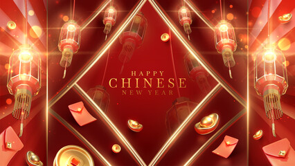 Wall Mural - 3d realistic chinese new year ornaments with light effect decorations and bokeh on red background. Vector illustration.