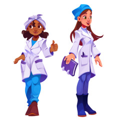 Wall Mural - Woman doctor cartoon vector character. Isolated female hospital staff set illustration. Professional healthcare team with dentist and therapist. Happy young african pharmacist in uniform with cap.