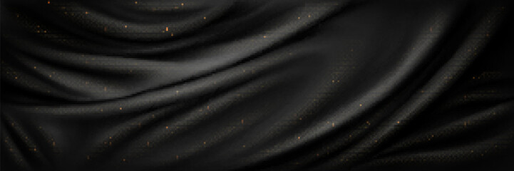 Abstract background with luxury black silk fabric with gold glitter. Texture of elegant dark cloth with gold shine, smooth satin drapery surface, vector realistic illustration