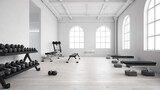 Fototapeta Przestrzenne -  a gym with a row of dumbs and a row of benches.  generative ai