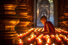 Buddhism Temple Interior. Novice Buddhist Monk And Candle Lights, Generative AI
