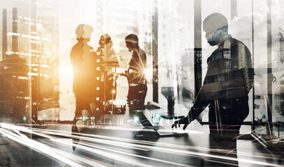Aufkleber - Silhouette, city and double exposure with business people in office for corporate, staff and teamwork. Innovation, future and global with employee in company for workforce, development and abstract