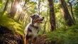 Trailblazing Aussie: an Australian Shepherd as it hikes through a lush forest