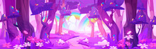 Pink Magic Forest With Rainbow Cartoon Vector Landscape. Fairytale Purple Nature Scene With Flower On Meadow Fairy Panorama For Fantasy Adventure Environment Game. Vibrant Fairy Picture Of Garden