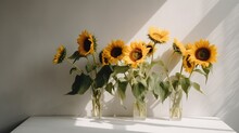  A Group Of Sunflowers In A Vase On A Shelf.  Generative Ai