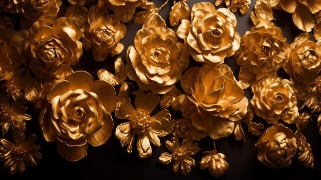  a bunch of gold flowers that are on a black background.  generative ai