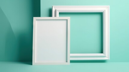  two empty white frames on a green wall with a shadow.  generative ai