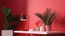  A Table With A Plant And A Lamp On Top Of It.  Generative Ai