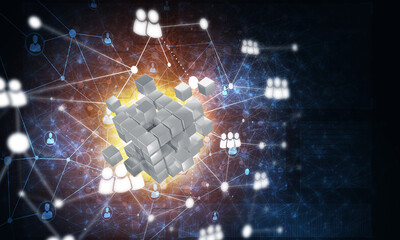 Wall Mural - concept of internet and networking with digital cube figure on dark background