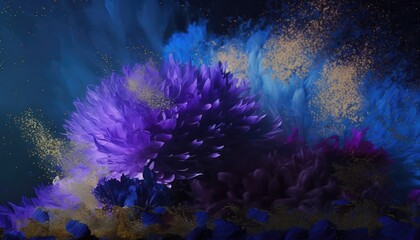 Wall Mural - Abstract Dahlia flowers. Slow motion. Burst of golden dust. Beautiful wallpaper background. Purple, blue and golden color tones. Elegance concept. Generative ai. 