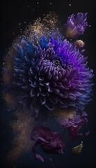 Wall Mural - Abstract flowers. Slow motion. Burst of golden dust. Beautiful wallpaper background. Purple, blue and golden color tones. Elegance concept. Generative ai. 