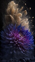 Wall Mural - Abstract flowers. Slow motion. Burst of golden dust. Beautiful wallpaper background. Purple, blue and golden color tones. Elegance concept. Generative ai. 