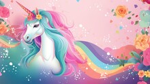  A Unicorn With A Rainbow Mane Standing In A Field Of Flowers.  Generative Ai