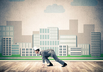 Wall Mural - King businessman in elegant suit running and cityscape silhouette at background