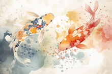 Oriental Japanese Style Abstract Pattern Background Design With Koi Fish Decorate In Water Color Texture, Generative AI