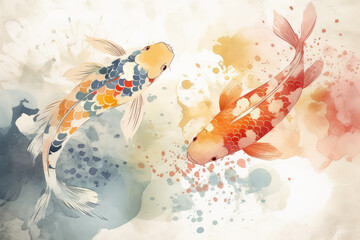 Wall Mural - Oriental Japanese style abstract pattern background design with koi fish decorate in water color texture, generative AI