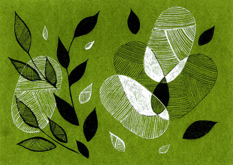 Black and white abstract geometric shapes filled with strokes. The leaves are black and shaded. Doodle. Green background.