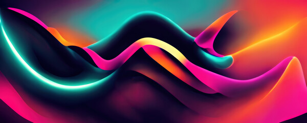 Wall Mural - Neon light background. Glowing curves. Blur fluorescent pink orange cyan blue color LED waves lines graphic design abstract decorative art illustration.