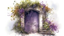  A Watercolor Painting Of A Purple Door Surrounded By Flowers.  Generative Ai